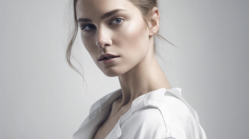 A high-key fashion portrait of a young woman with long brunette hair against a minimalist white background with dramatic lighting, aesthetic, highly detailed, in 8k resolution.